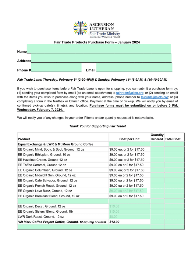 Fair Trade Products Purchase Form screenshot