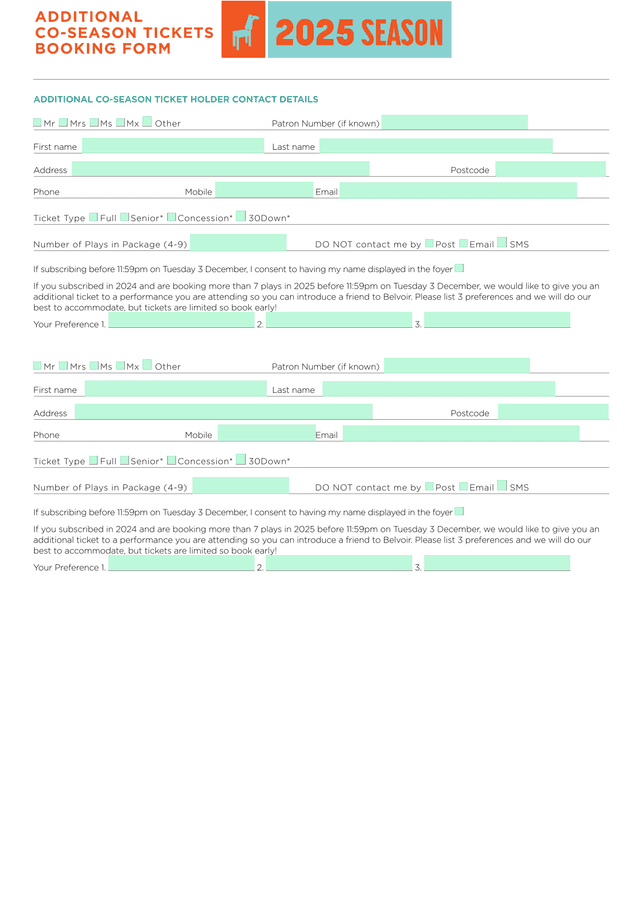 ADDITIONAL CO SEASON TICKETS BOOKING FORM screenshot