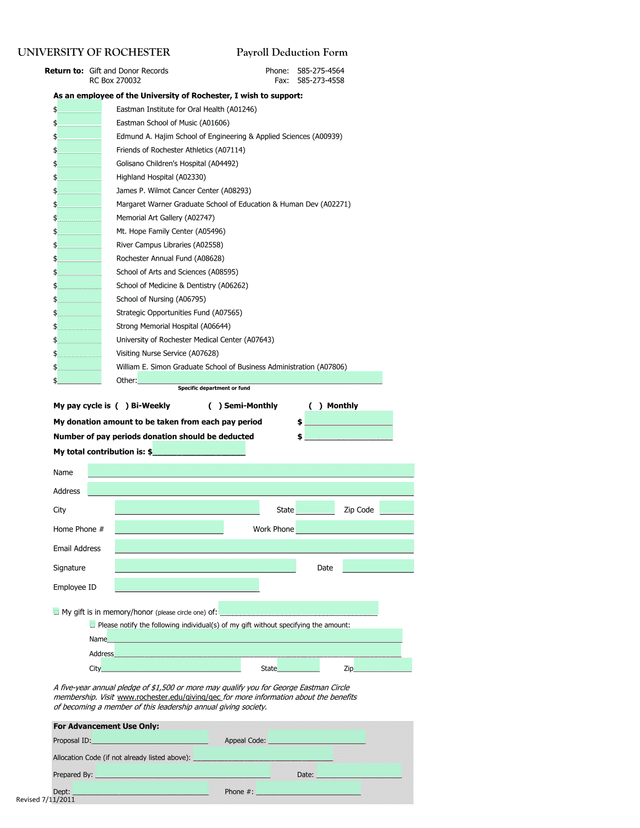 University Of Rochester Payroll Deduction Form screenshot