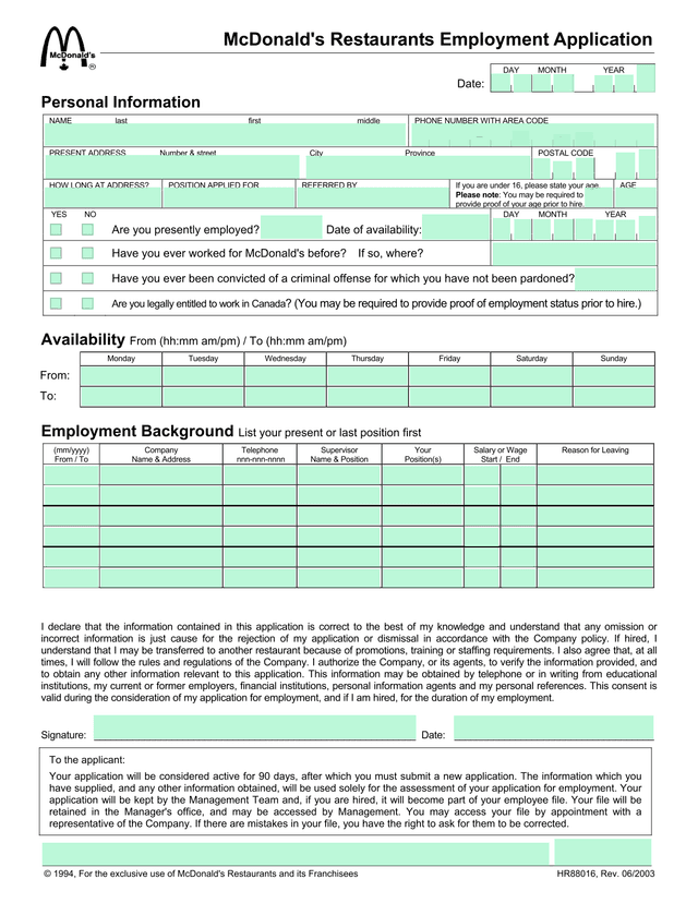 McDonaldS Restaurants Employment Application screenshot