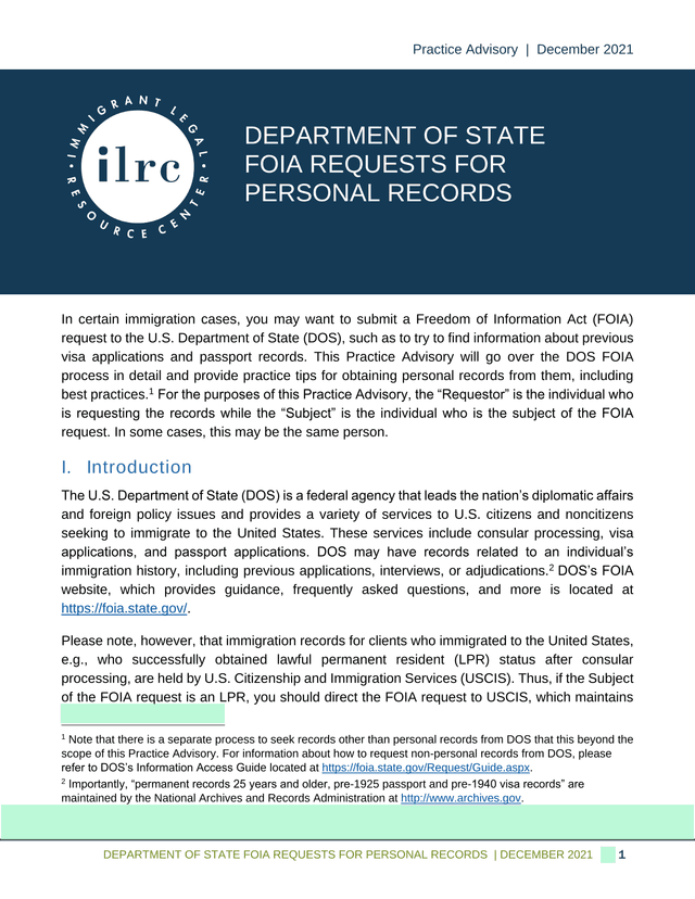 Practice Advisory Department Of State FOIA Requests For Personal Records screenshot