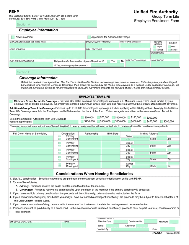 Group Term Life Employee Enrollment Form screenshot