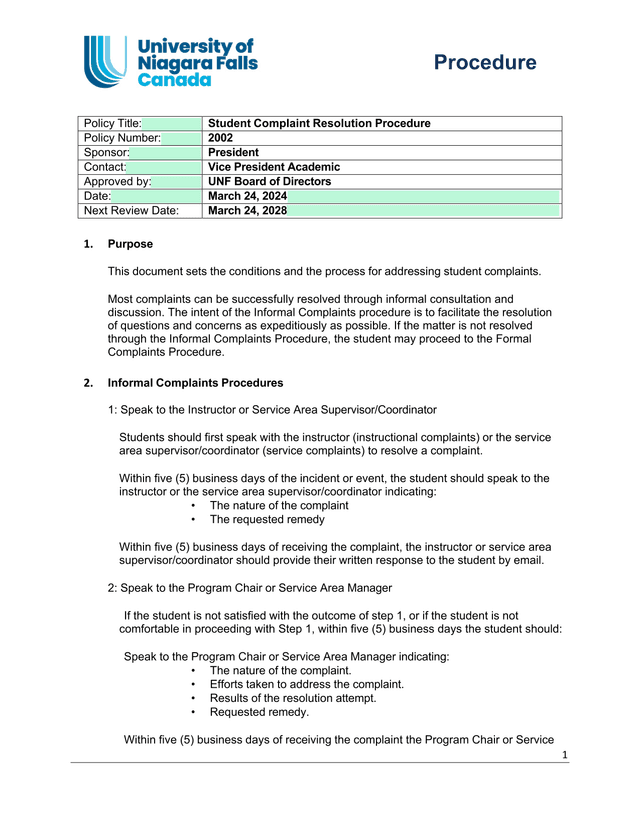 Student Complaint Resolution Procedure screenshot