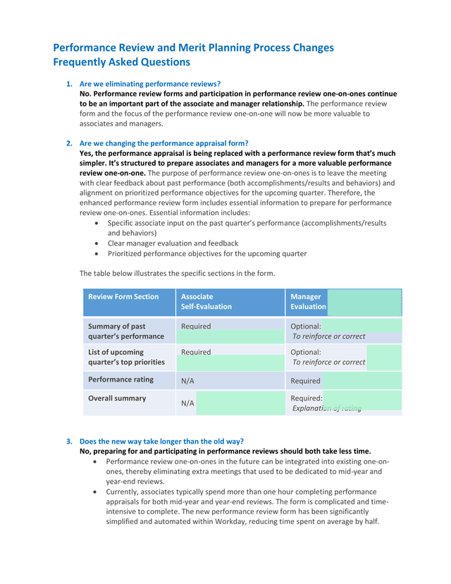 Performance Review And Merit Planning Process Changes Frequently Asked Questions screenshot