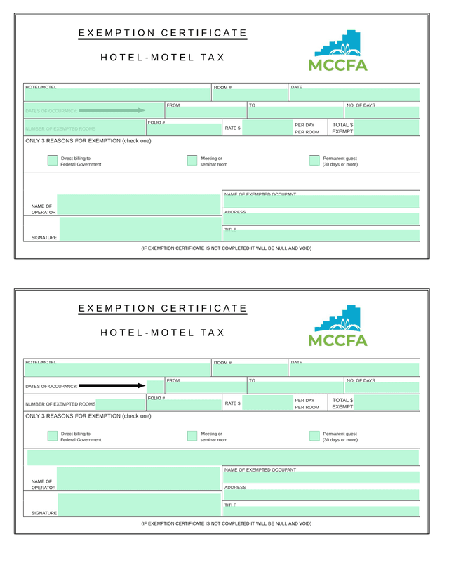 Exemption Certificate Hotel Motel Tax screenshot