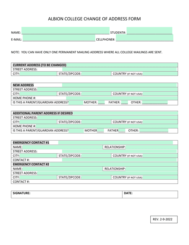 Albion College Change Of Address Form screenshot