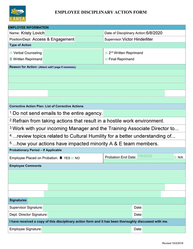 EMPLOYEE DISCIPLINARY ACTION FORM screenshot