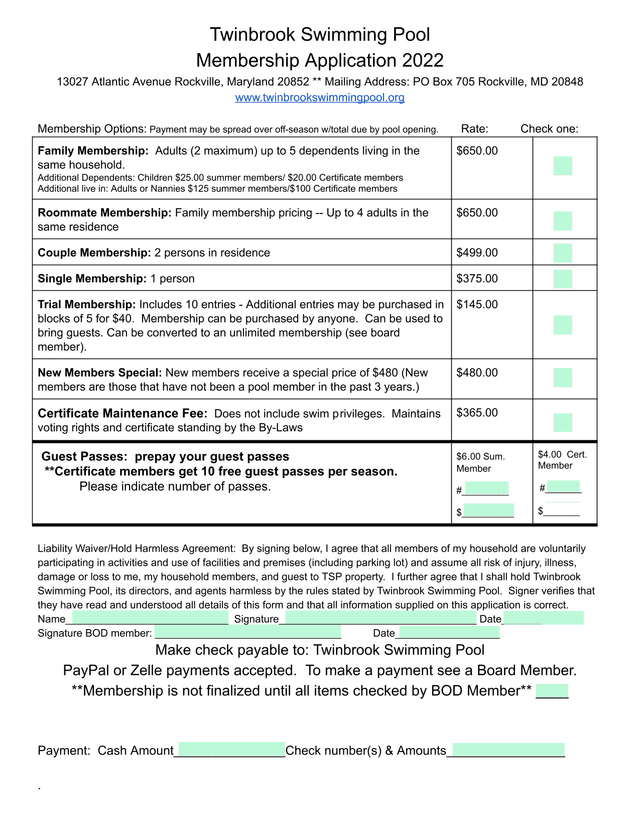 Twinbrook Swimming Pool Membership Application 2022 screenshot