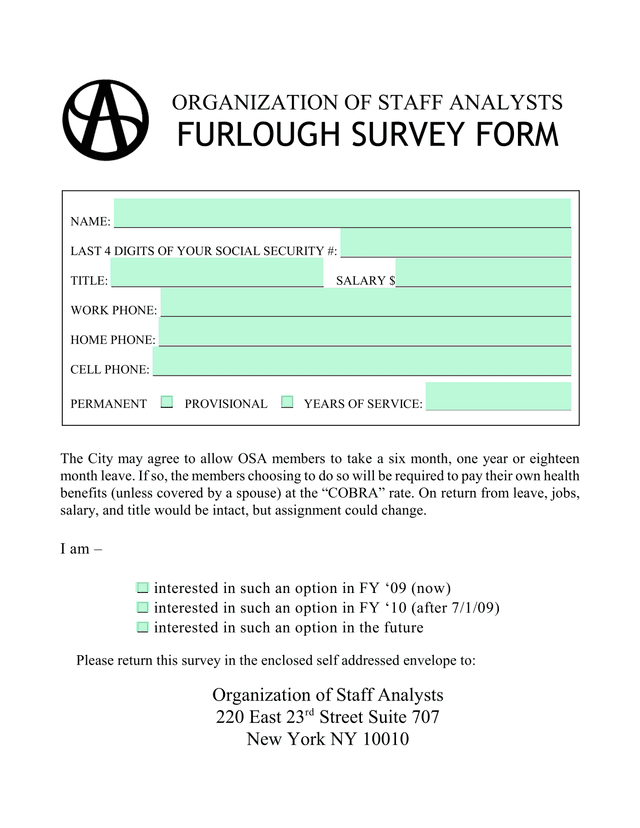 ORGANIZATION OF STAFF ANALYSTS FURLOUGH SURVEY FORM screenshot