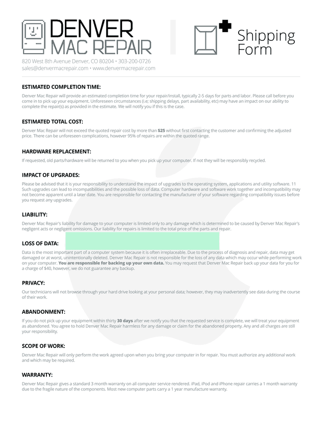 Denver Mac Repair Service Agreement screenshot