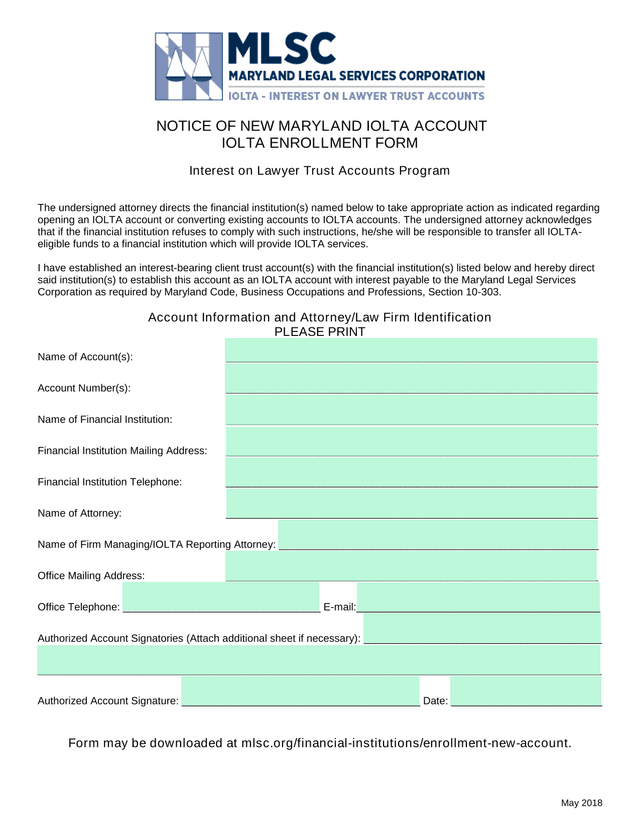 Notice Of New Maryland IOLTA Account IOLTA Enrollment Form screenshot