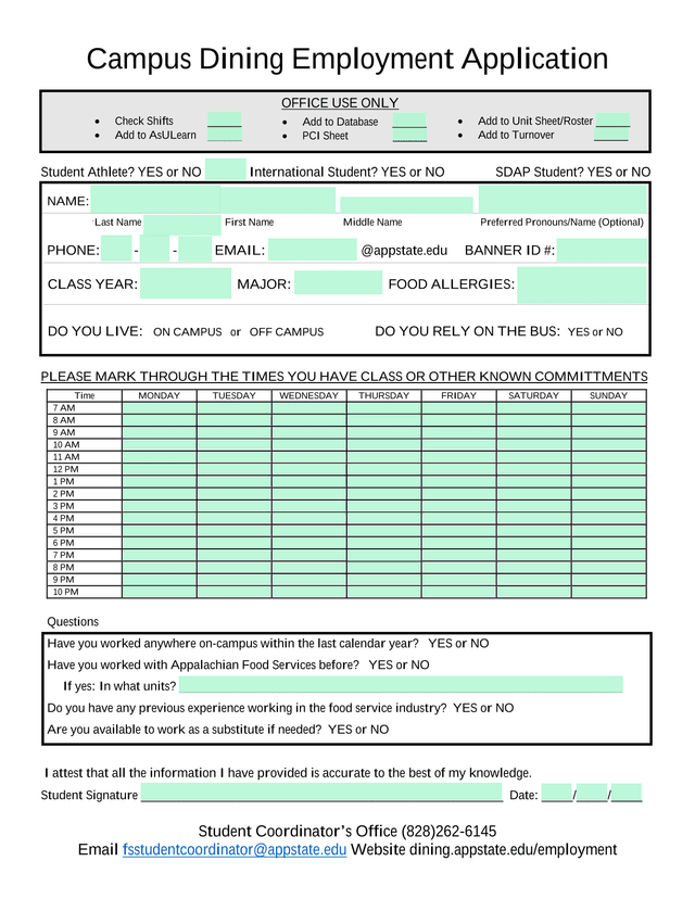 Campus Dining Employment Application screenshot