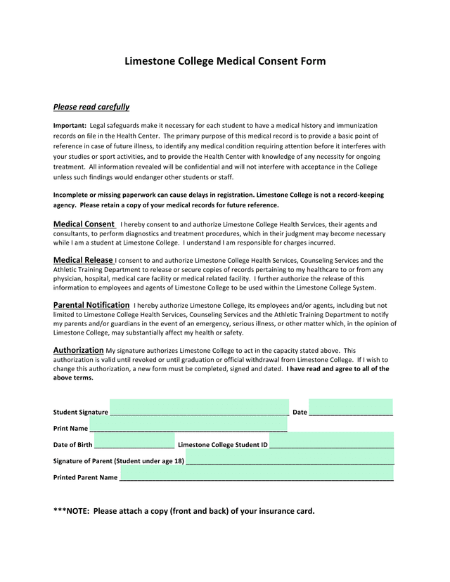 Limestone College Medical Consent Form screenshot