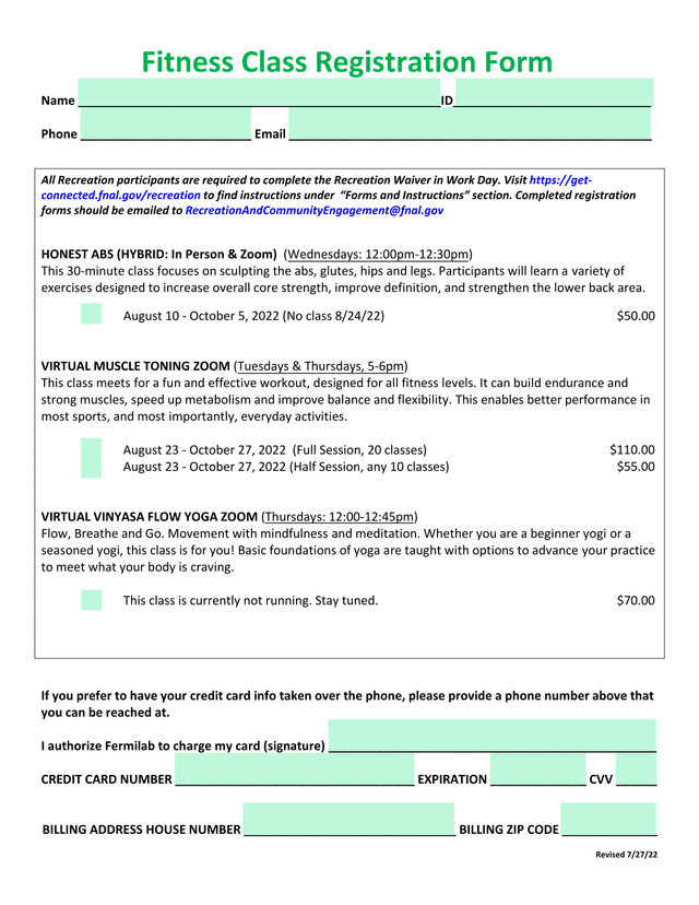 Fitness Class Registration Form screenshot