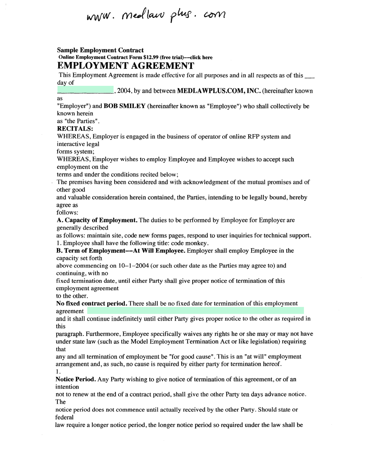 Sample Employment Contract screenshot