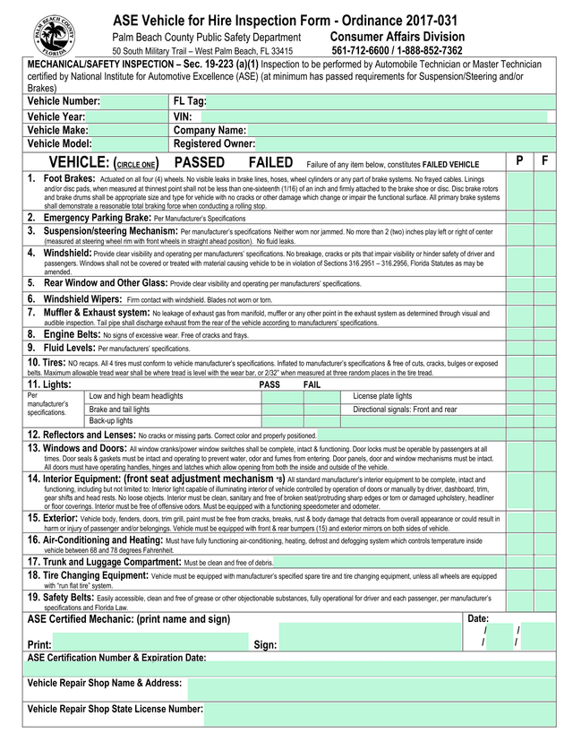 ASE Vehicle For Hire Inspection Form   Ordinance 2017 031 screenshot