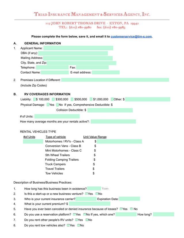 RV Rental Insurance Application screenshot