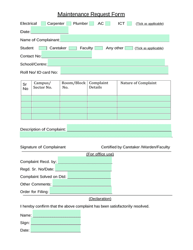 Maintenance Request Form screenshot