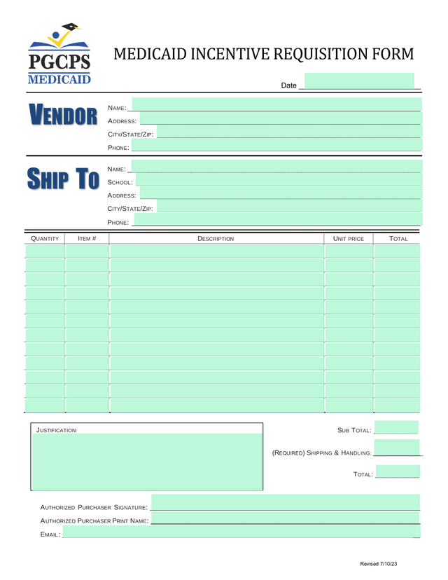 MEDICAID INCENTIVE REQUISITION FORM screenshot