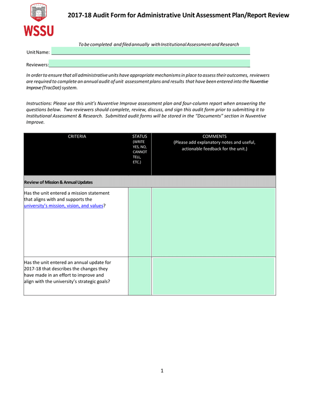 2017 18 Audit Form For Administrative Unit Assessment PlanReport Review screenshot