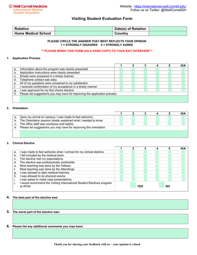 Visiting Student Evaluation Form screenshot