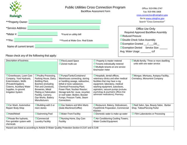 Public Utilities Cross Connection Backflow Assessment Form screenshot