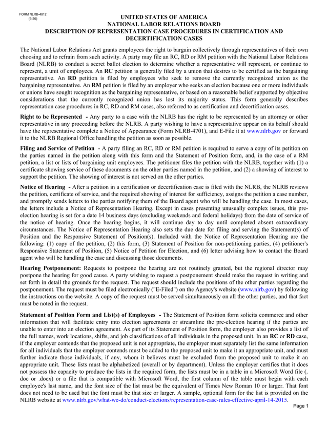 NLRB 4812 Description Of Representation Case Procedures screenshot