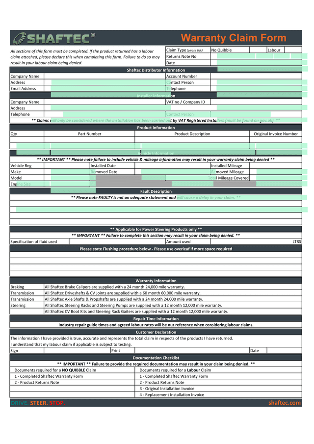 Shaftec Warranty Form screenshot
