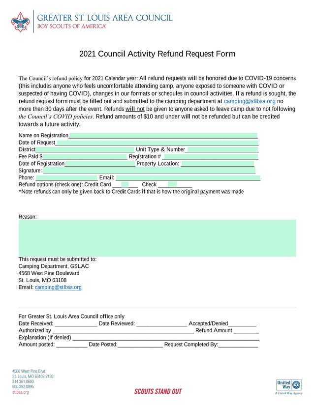 2021 Council Activity Refund Request Form screenshot