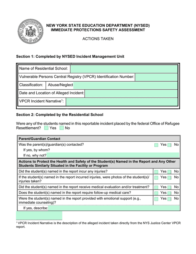 NYSED Immediate Protections Safety Assessment screenshot