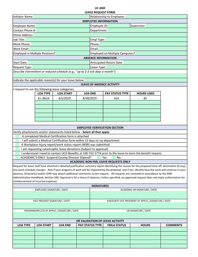 UC ANR Leave Request Form screenshot