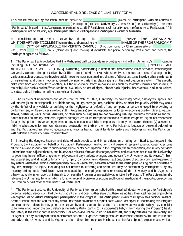 Agreement And Release Of Liability Form screenshot