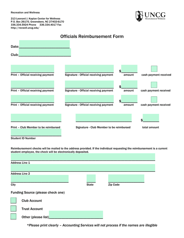 Officials Reimbursement Form screenshot