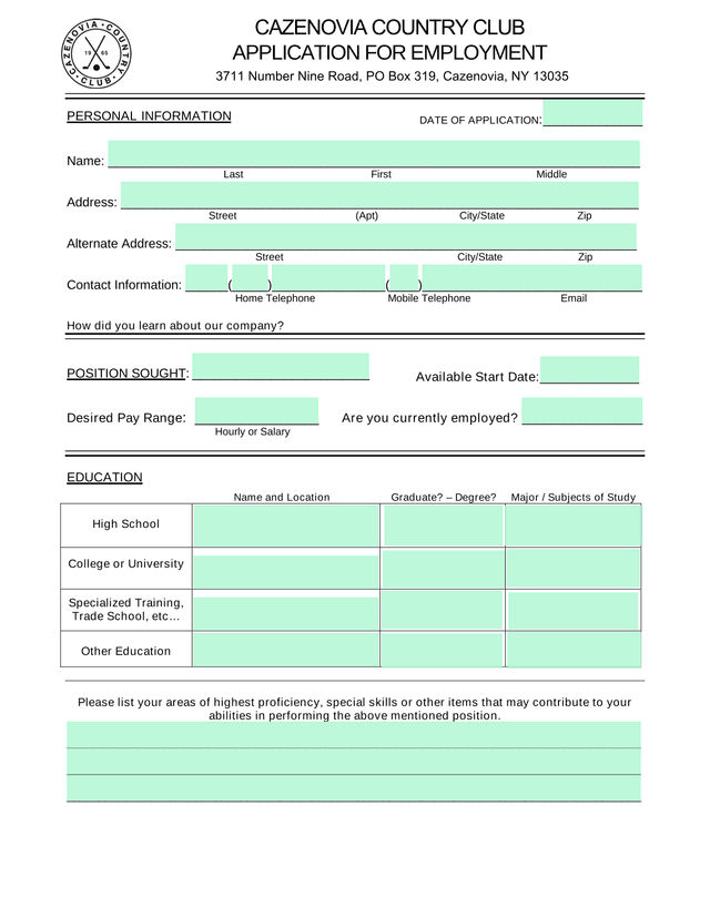 CAZENOVIA COUNTRY CLUB APPLICATION FOR EMPLOYMENT screenshot