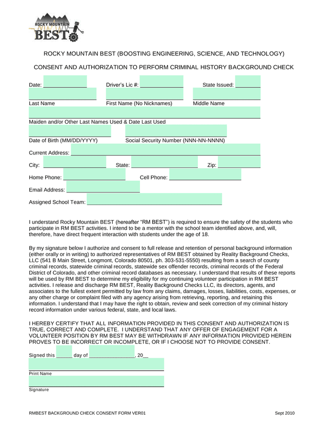 RMBEST Background Check Consent Form screenshot