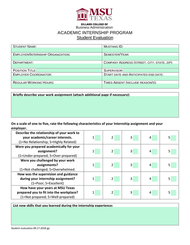 Academic Internship Program Student Evaluation screenshot