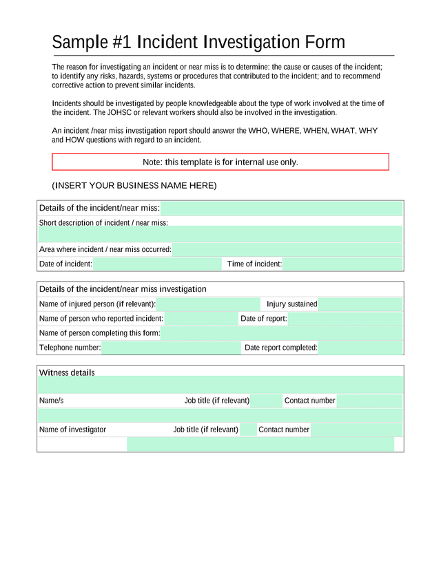 Sample 1 Incident Investigation Form screenshot