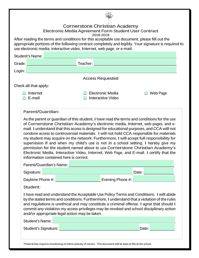 Electronic Media Agreement Form Student User Contract screenshot