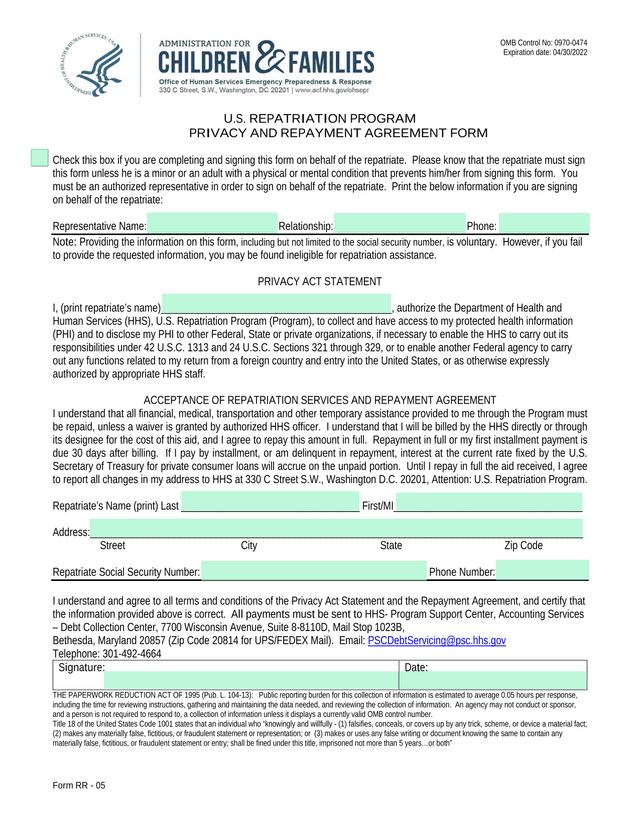 Form RR   05 U.S. Repatriation Program Privacy And Repayment Agreement Form screenshot