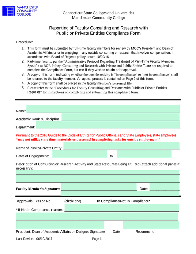 Reporting Of Faculty Consulting And Research With Public Or Private Entities Compliance Form screenshot