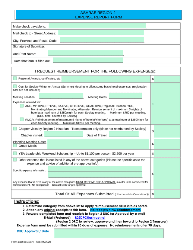 ASHRAE REGION 2 EXPENSE REPORT FORM screenshot