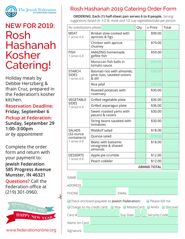 Rosh Hashanah 2019 Catering Order Form screenshot