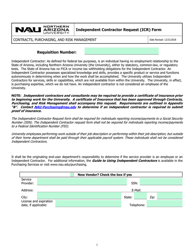 Independent Contractor Request (ICR) Form screenshot