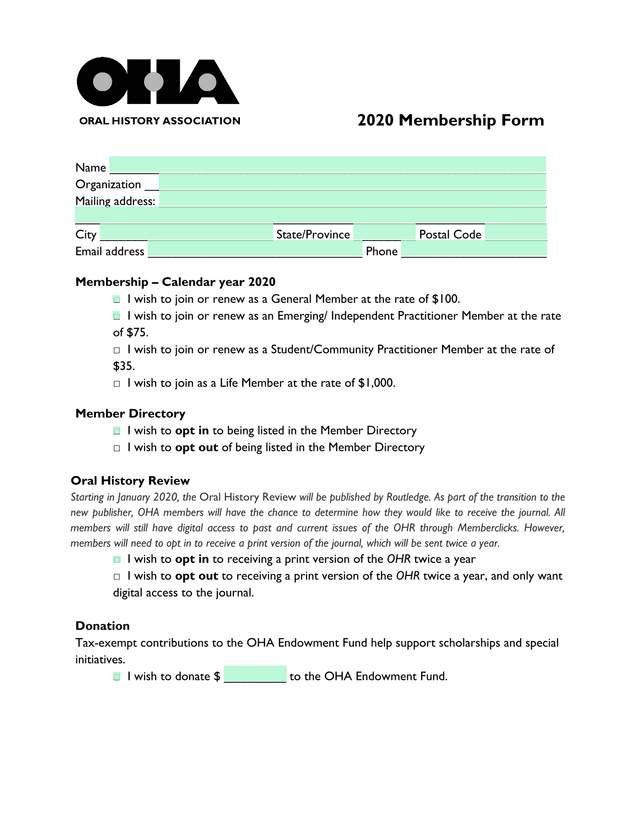 2020 Membership Form screenshot
