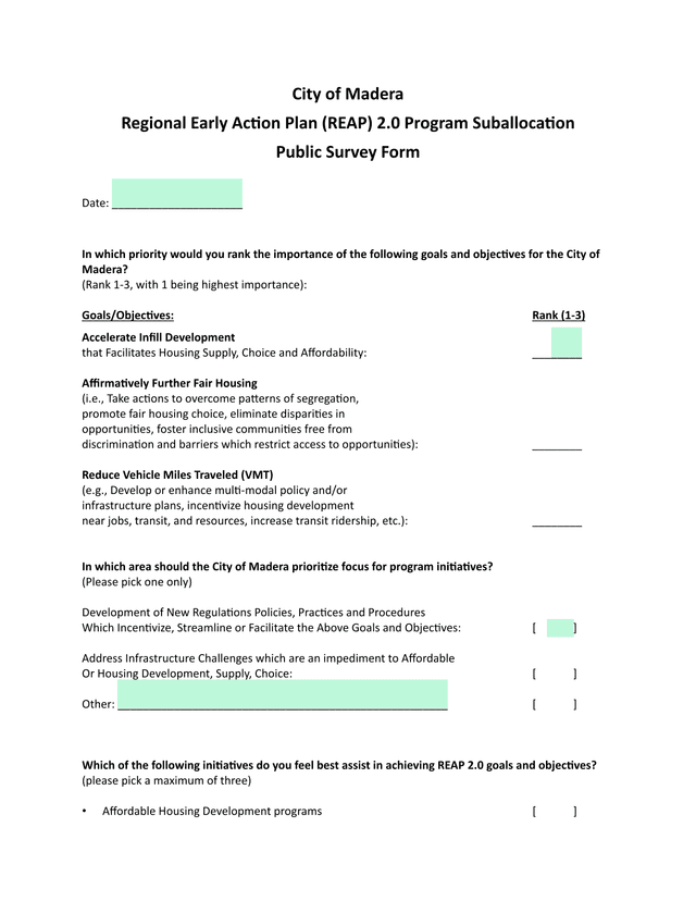 City Of Madera Regional Early Action Plan (REAP) 2.0 Program Suballocation Public Survey Form screenshot