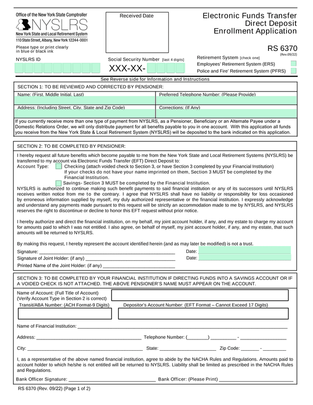 Electronic Funds Transfer Direct Deposit Enrollment Application screenshot