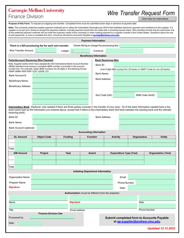 Wire Transfer Request Form screenshot