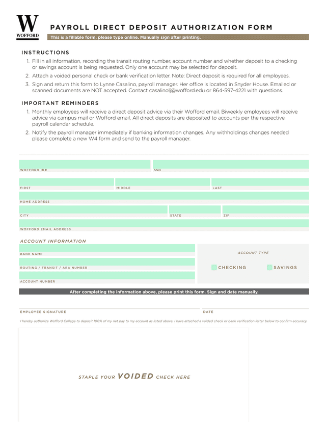 Payroll Direct Deposit Authorization Form screenshot