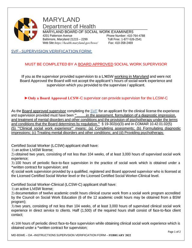 MD BSWE  OA INSTRUCTIONS SUPERVSION VERIFICATION FORM screenshot