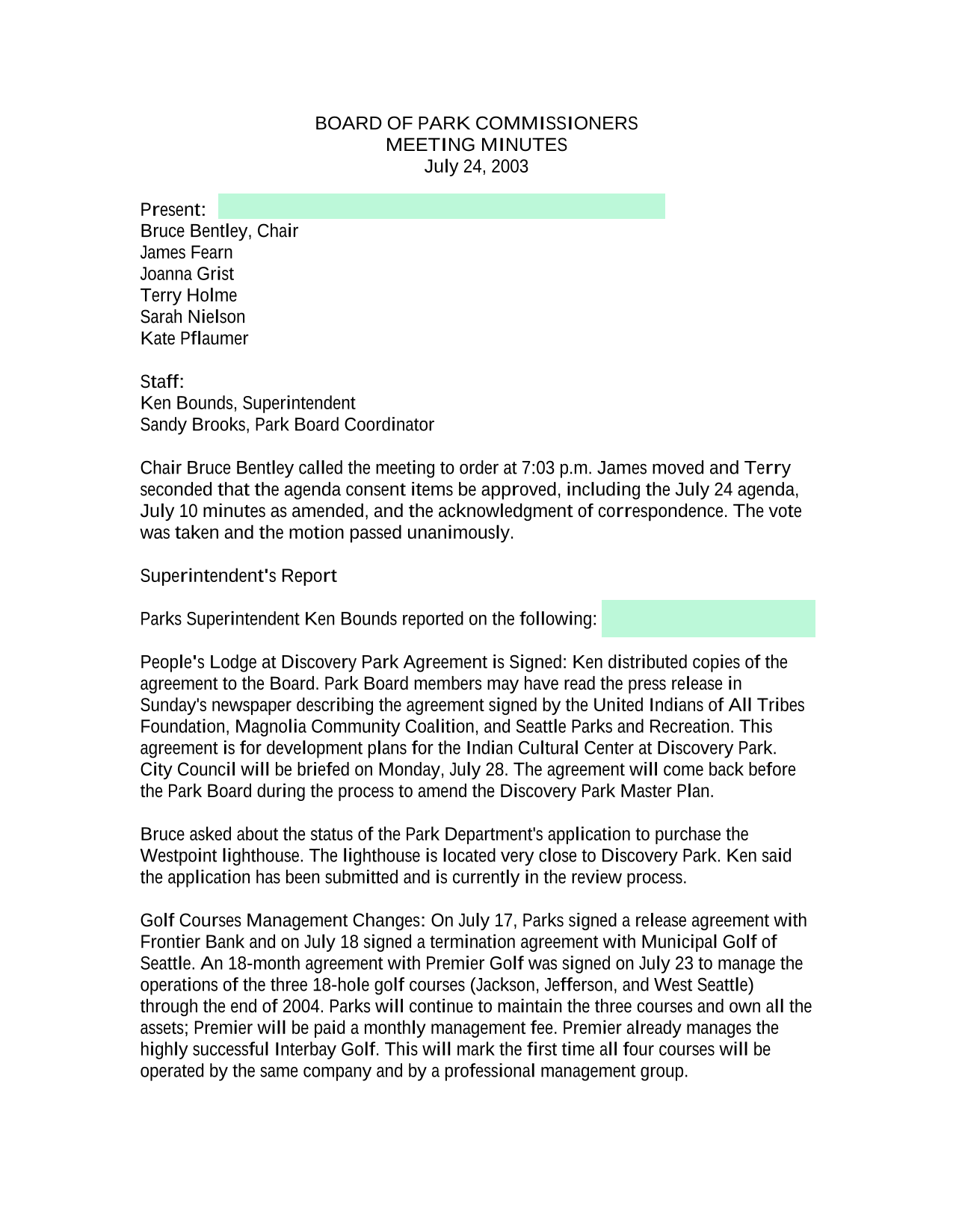 Board Of Park Commissioners Meeting Minutes screenshot